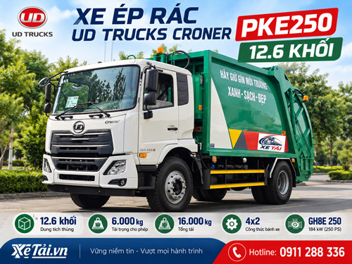 Xe ép rác UD Trucks PKE250 12.6 khối – Tải 6 tấn, Tổng tải 16 tấn